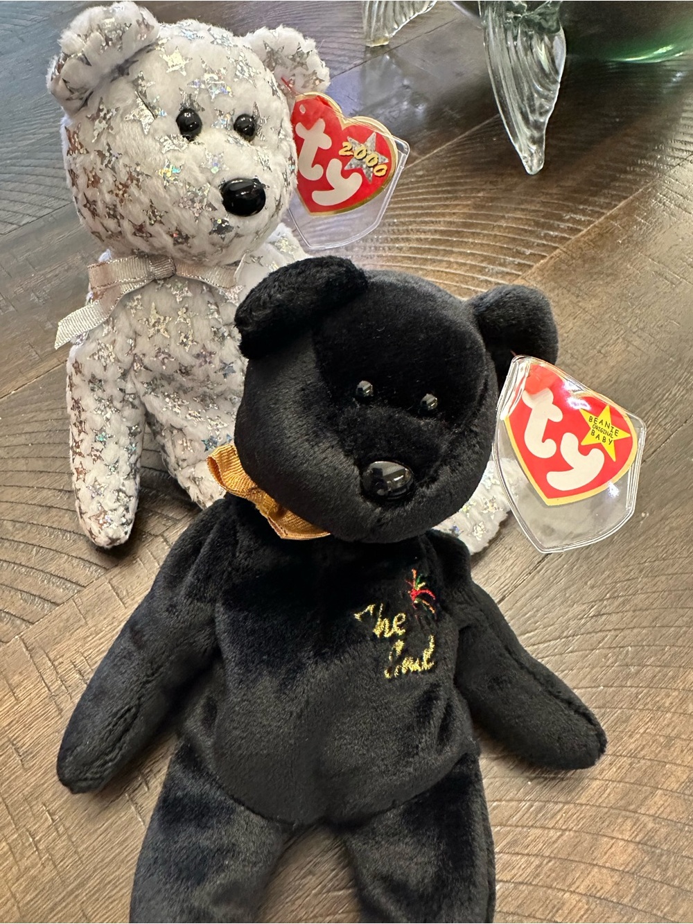 Ty Y2K Black Bear “The End” & Silver Star Bear “The Beginning” Beanie Babies Duo